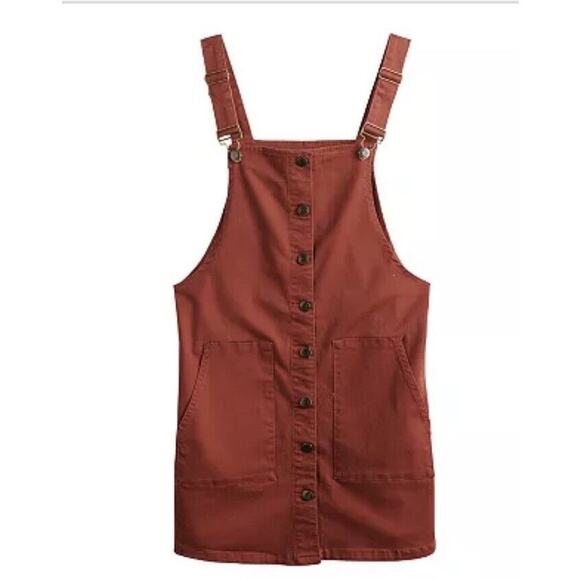 SO Rust Button Down Pinafore Dress Medium Cotton Blend Overall Jumper Skirt - Picture 3 of 12